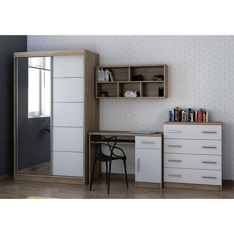 Modernes Schlafzimmer-Set in Eiche und Weiß mit Kleiderschrank, Schreibtisch und Kommode.