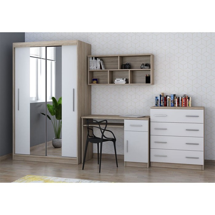 Möbelkombination mit Schwebetürenschrank, Schreibtisch, Wandboard und Kommode in Weiß.