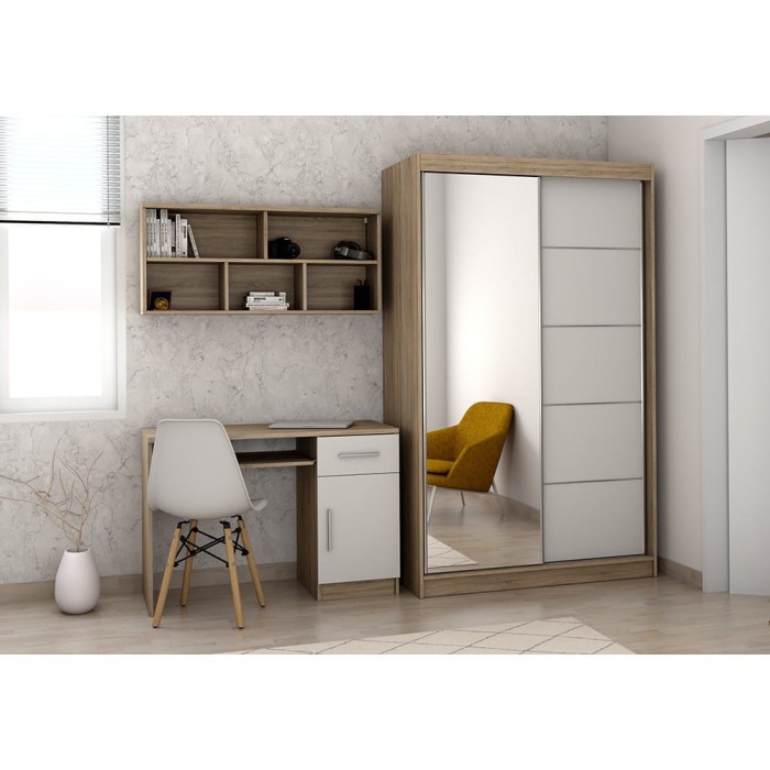 Modernes Jugendzimmer-Möbelset bestehend aus Schreibtisch, Wandregal und Kleiderschrank.