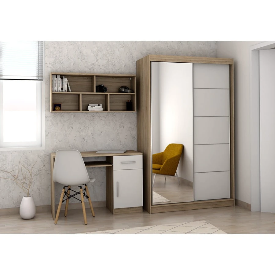 Modernes Jugendzimmer-Möbelset bestehend aus Schreibtisch, Wandregal und Kleiderschrank.