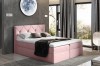 Rosa Boxspringbett mit gestepptem Kopfteil vor grauer Wand mit Mond-Wandlampe.
