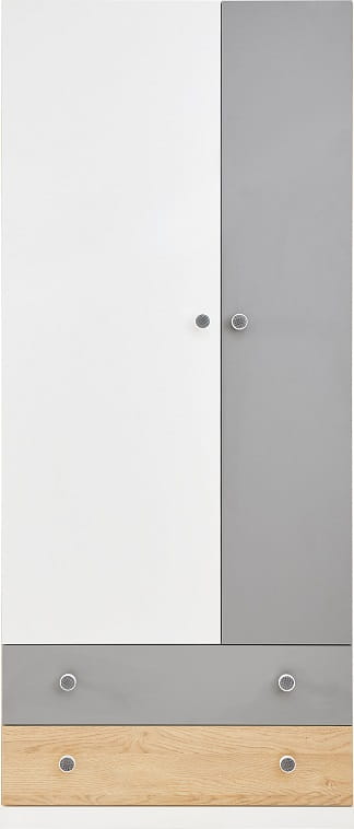 Zweitüriger Kleiderschrank in Weiß und Grau mit Holz-Akzenten und zwei Schubladen.