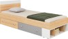 Jugendbett mit Bettkasten-Schubladen in Grau und Weiß sowie offenem Regalfach.