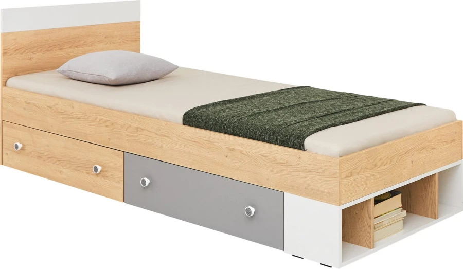 Jugendbett mit Bettkasten-Schubladen in Grau und Weiß sowie offenem Regalfach.