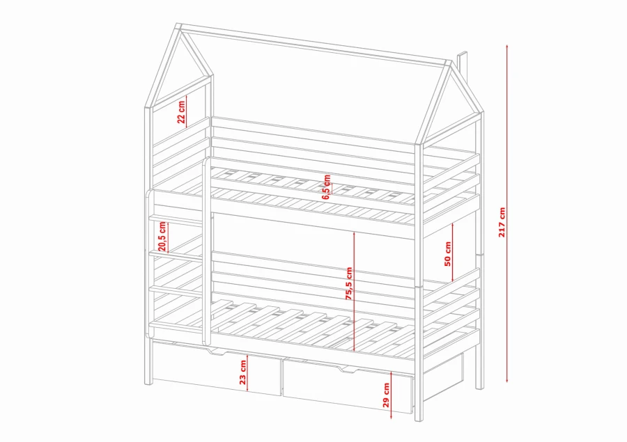 Maßskizze eines Etagenbetts in Hausform mit Zentimeterangaben für die Planung im Kinderzimmer.