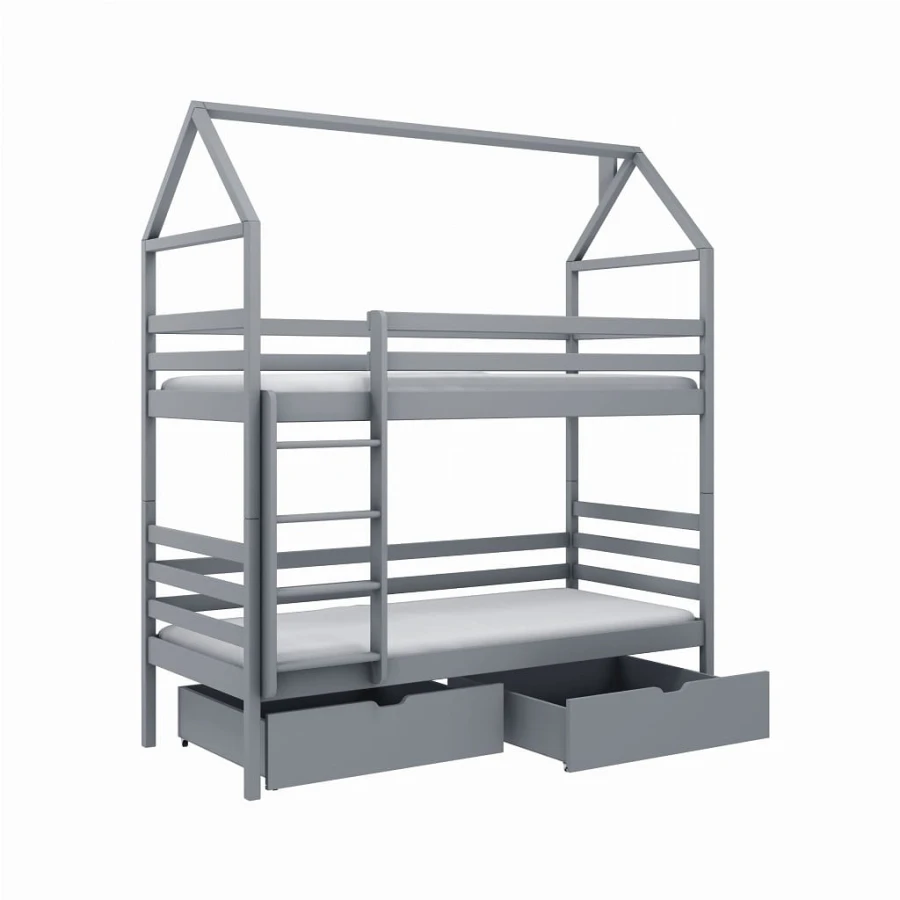 Grey bunk bed in house shape with two drawers for the children's room.