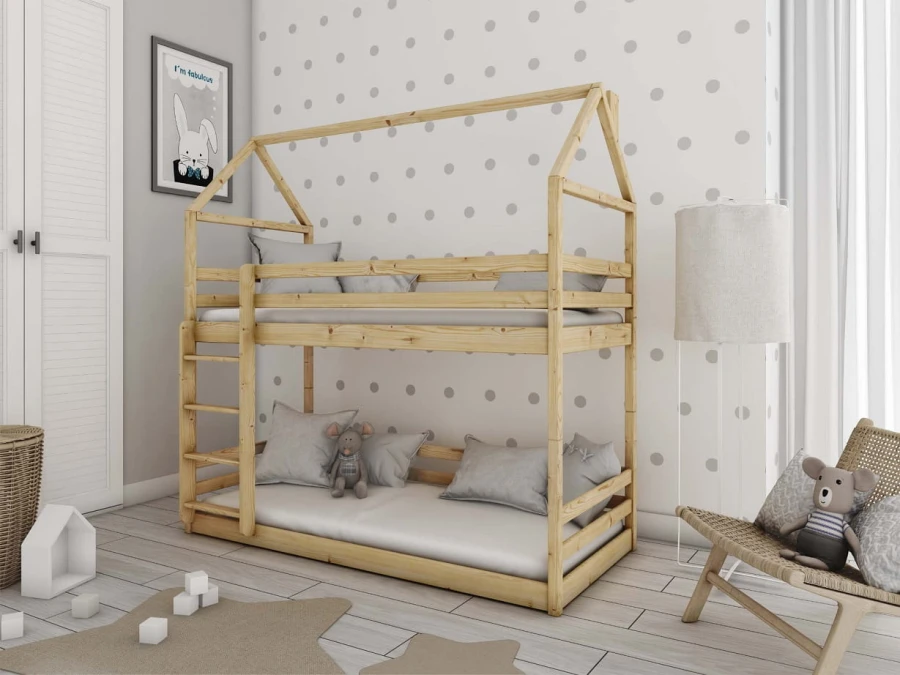 Children's bunk bed made of pine wood in house style in a bright children's room.