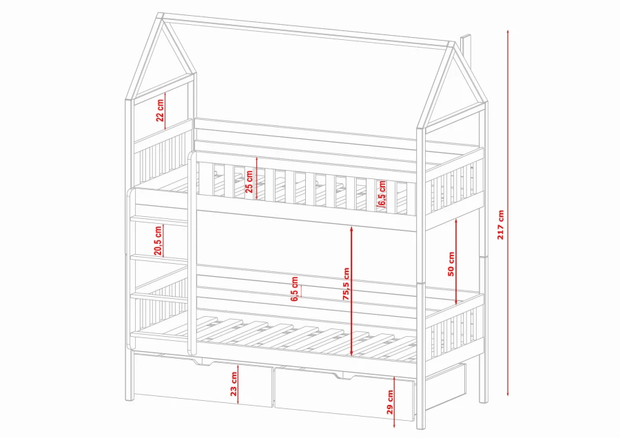 Detaillierte Konstruktionszeichnung mit Maßen für Hausbett mit Stauraum.