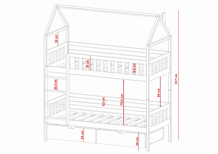 Gedetailleerde constructietekening met afmetingen voor huisbed met opbergruimte.