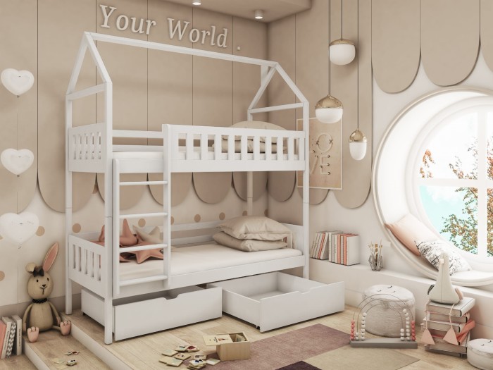 Weißes Hausbett-Etagenbett in einem hellen, modern eingerichteten Kinderzimmer.