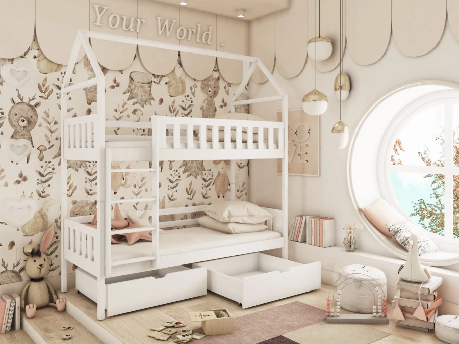 Bunk bed house shape in white in front of playful forest animal children's wallpaper.