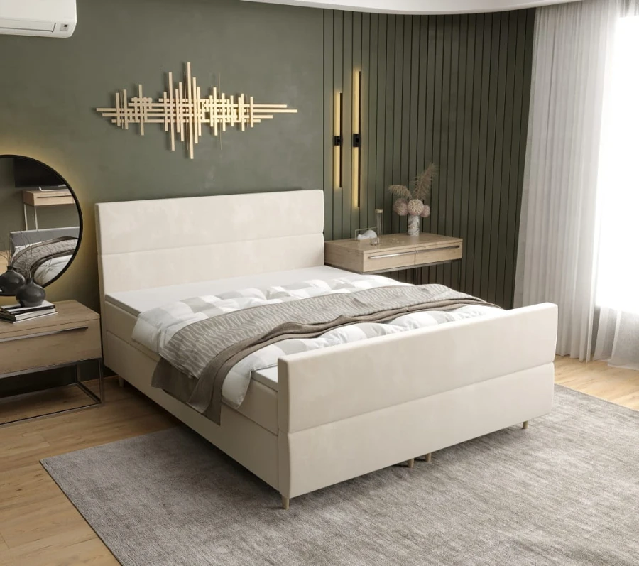 Beiges Polsterbett für ein gemütliches und modernes Schlafzimmer.