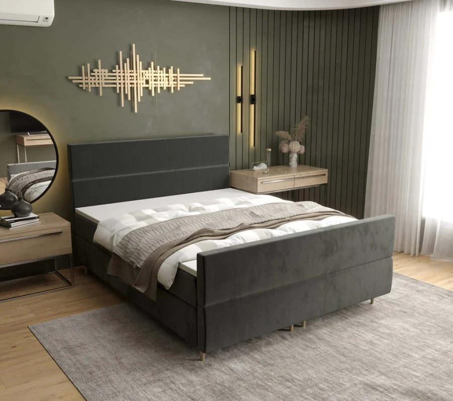 Dunkelgraues Polsterbett in stilvollem Schlafzimmer-Design.