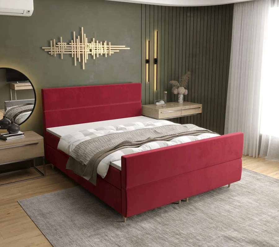 Rotes Boxspringbett mit hohem Kopfteil in modernem Schlafzimmer