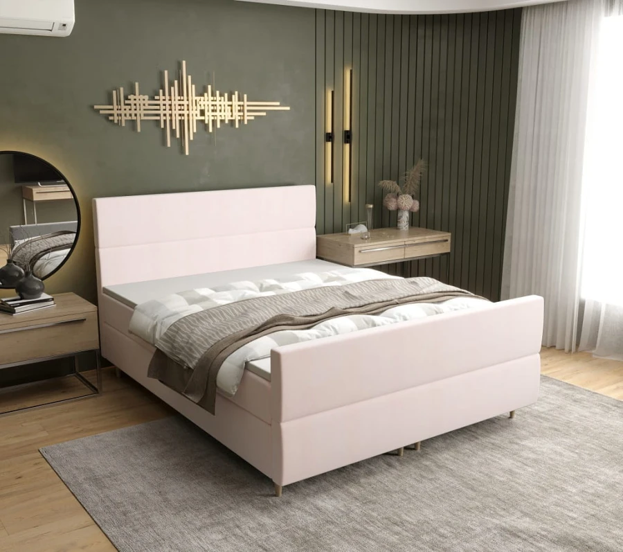 Hellrosa Polsterbett in modernem Schlafzimmer-Ambiente