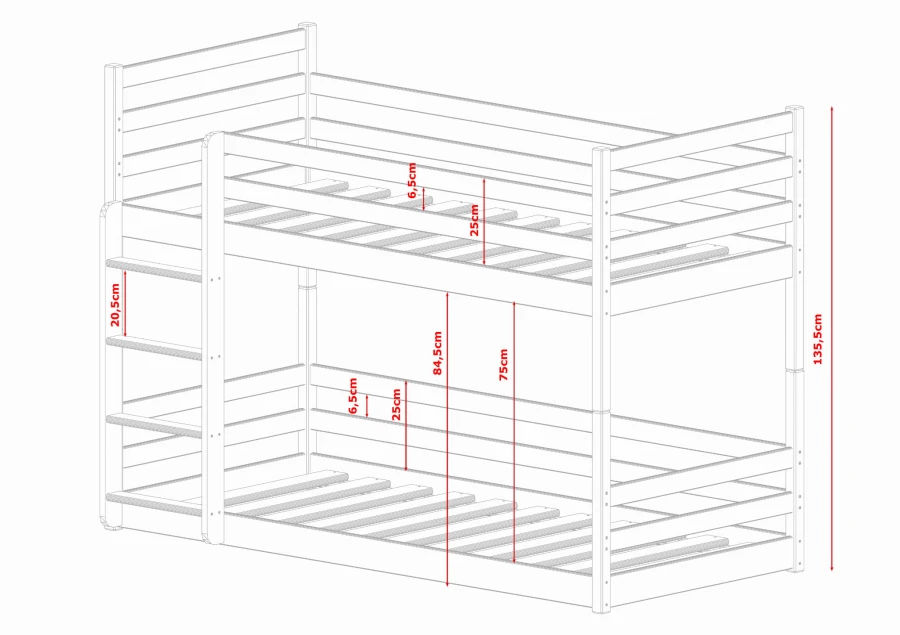 Technisch diagram van een houten stapelbed met nauwkeurige afmetingen in centimeters.