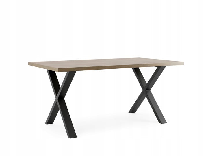 Stilvoller Esstisch mit Holzplatte und stabilen schwarzen Kreuzbeinen aus Metall.