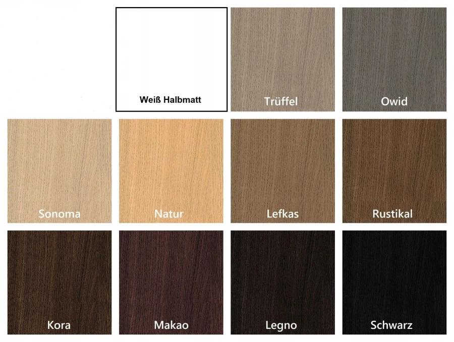Colour selection for furniture surfaces: wood patterns from white to oak to black.