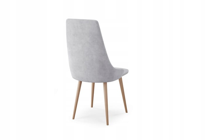 Rear view of a light grey upholstered chair with sturdy legs in wood look.