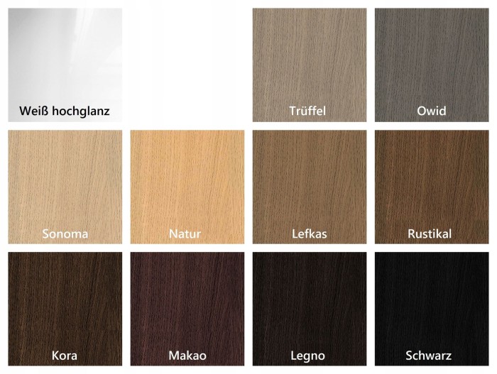 Übersicht verschiedener Holzdekore und Oberflächen wie Sonoma Eiche, Weiß Hochglanz und Schwarz.