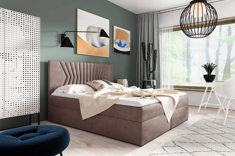 Stilvolles Polsterbett in Altrosa mit modernem Kopfteil-Design für ein gemütliches Schlafzimmer.