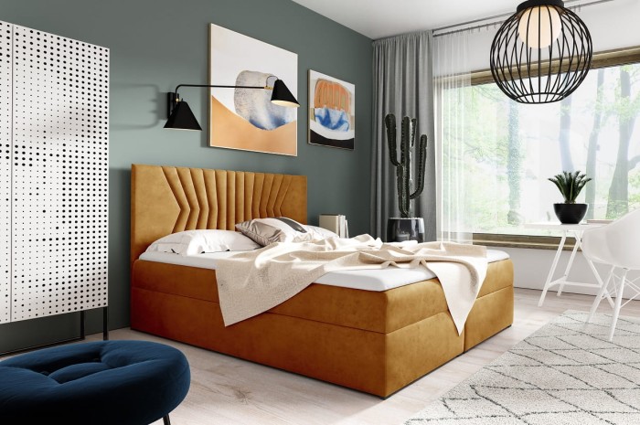 Senfgelbes Boxspringbett aus Samt als Highlight in modernem Schlafzimmer.