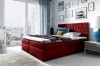 Weinrotes Polsterbett mit stilvollem Kopfteil-Design in modern eingerichtetem Schlafzimmer.
