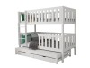 White solid wood bunk bed with safety rail, ladder and additional pull-out bed.