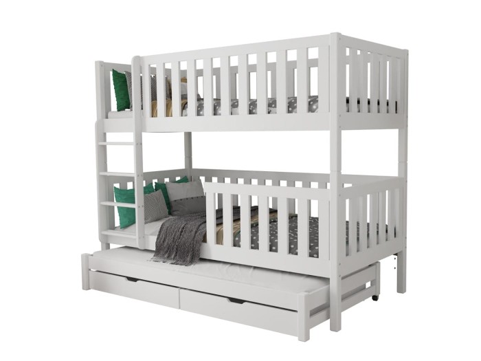 Weißes Etagenbett aus Massivholz mit Rausfallschutz, Leiter und zusätzlichem Ausziehbett.