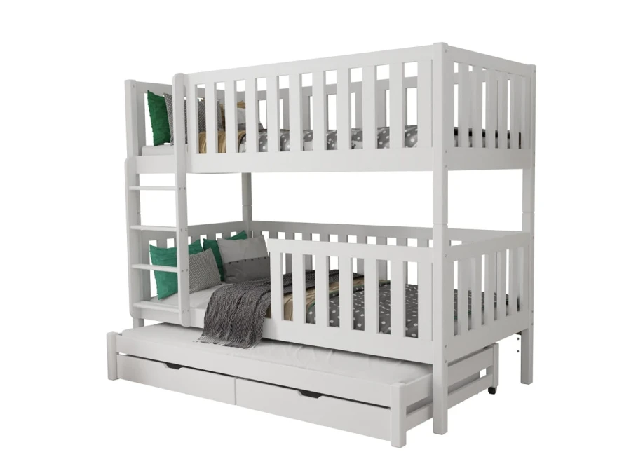 White solid wood bunk bed with safety rail, ladder and additional pull-out bed.