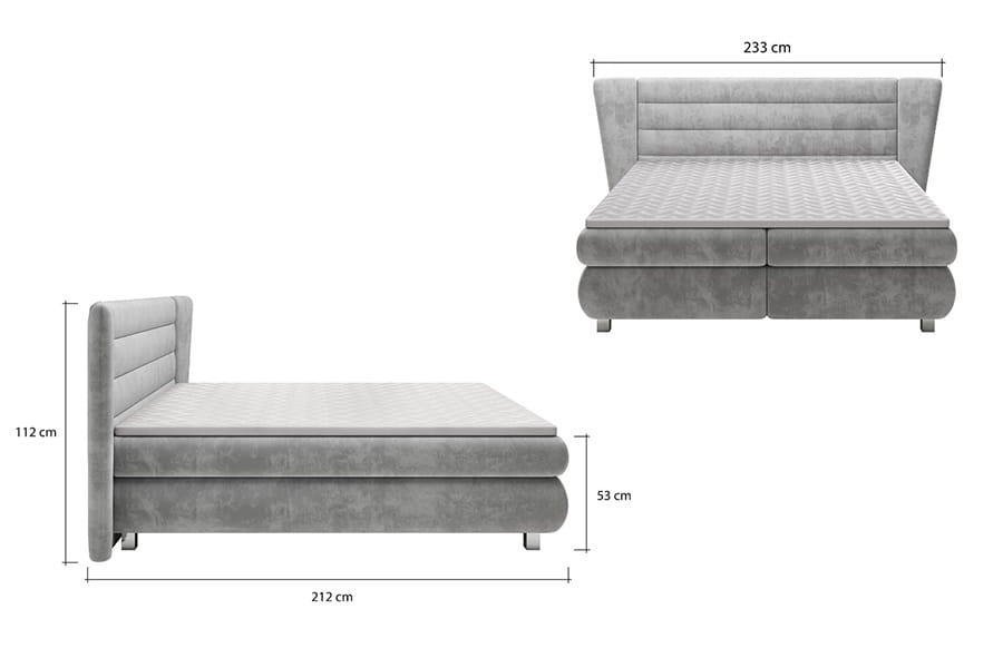 Abmessungen des Boxspringbettes: 233 cm Breite, 212 cm Tiefe, 112 cm Höhe.
