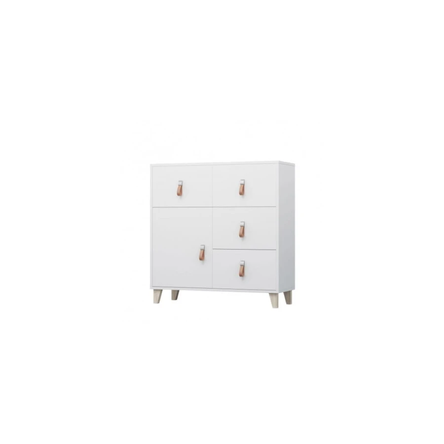 Weißes Highboard mit Türen, Schubladen und Leder-Details