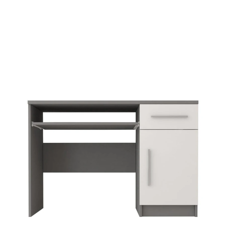 Modern desk in grey and white with keyboard tray and drawer.