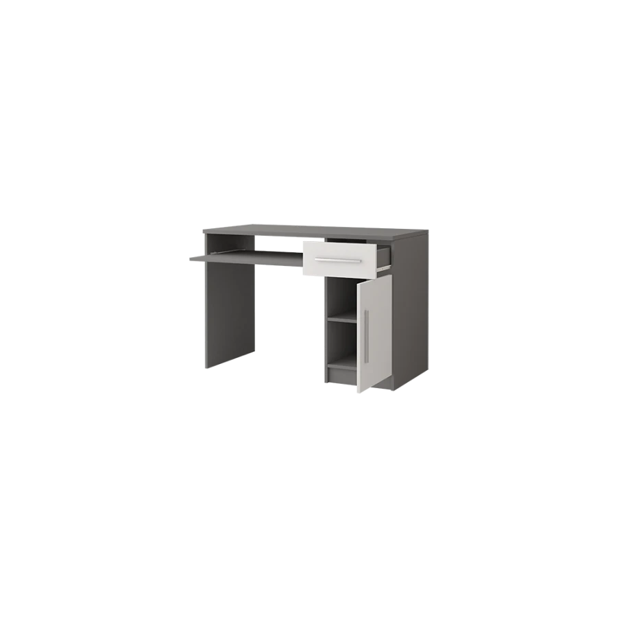 Grey-white computer desk with extended keyboard tray and open door.