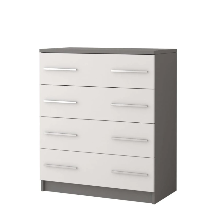 Moderne Kommode in Grau und Weiß mit vier Schubfächern in der Seitenansicht.