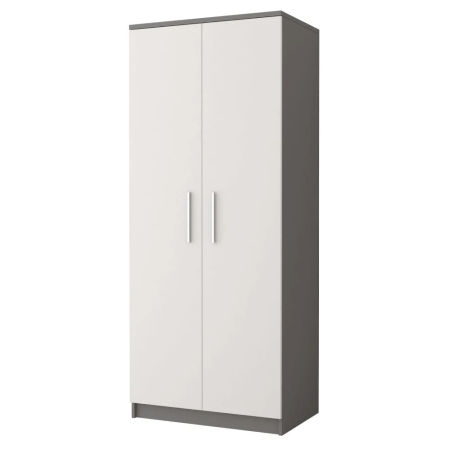 Modern wardrobe in white and grey, two-door with silver handles