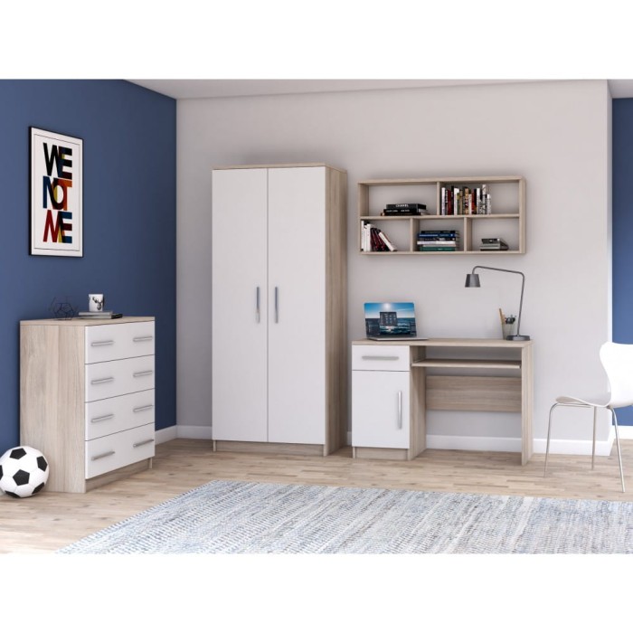 Modernes Kinderzimmer-Set mit Schreibtisch, Schrank und Kommode in heller Eiche-Optik und Weiß.