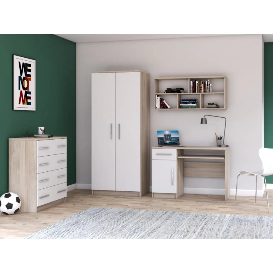 Compleet jeugdkamer-ensemble met functioneel bureau en veel opbergruimte in eiken-replica.