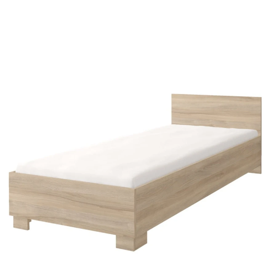 Klassisches Einzelbett in Eiche-Dekor mit weißer Matratze für das Jugendzimmer.