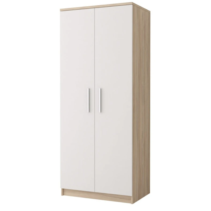 Hoher Kleiderschrank, 2-türig, in Weiß und Eiche-Optik für das Schlafzimmer.