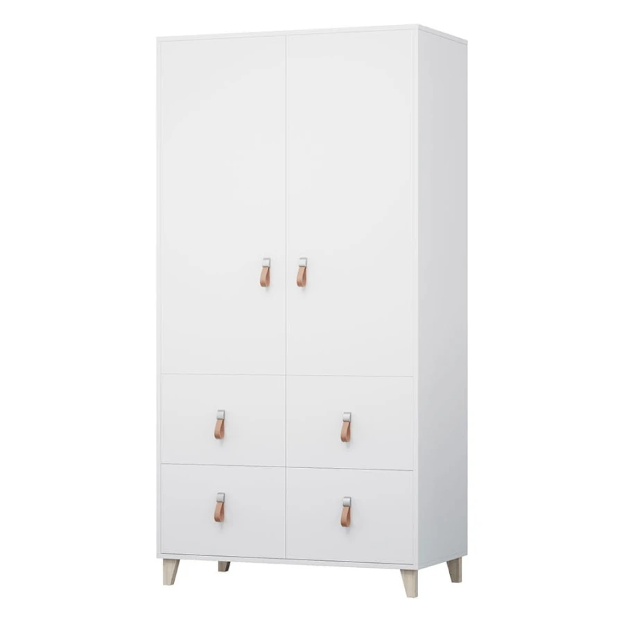 Weißer Kleiderschrank mit Ledergriffen, zwei Türen und vier Schubladen im modernen Design.