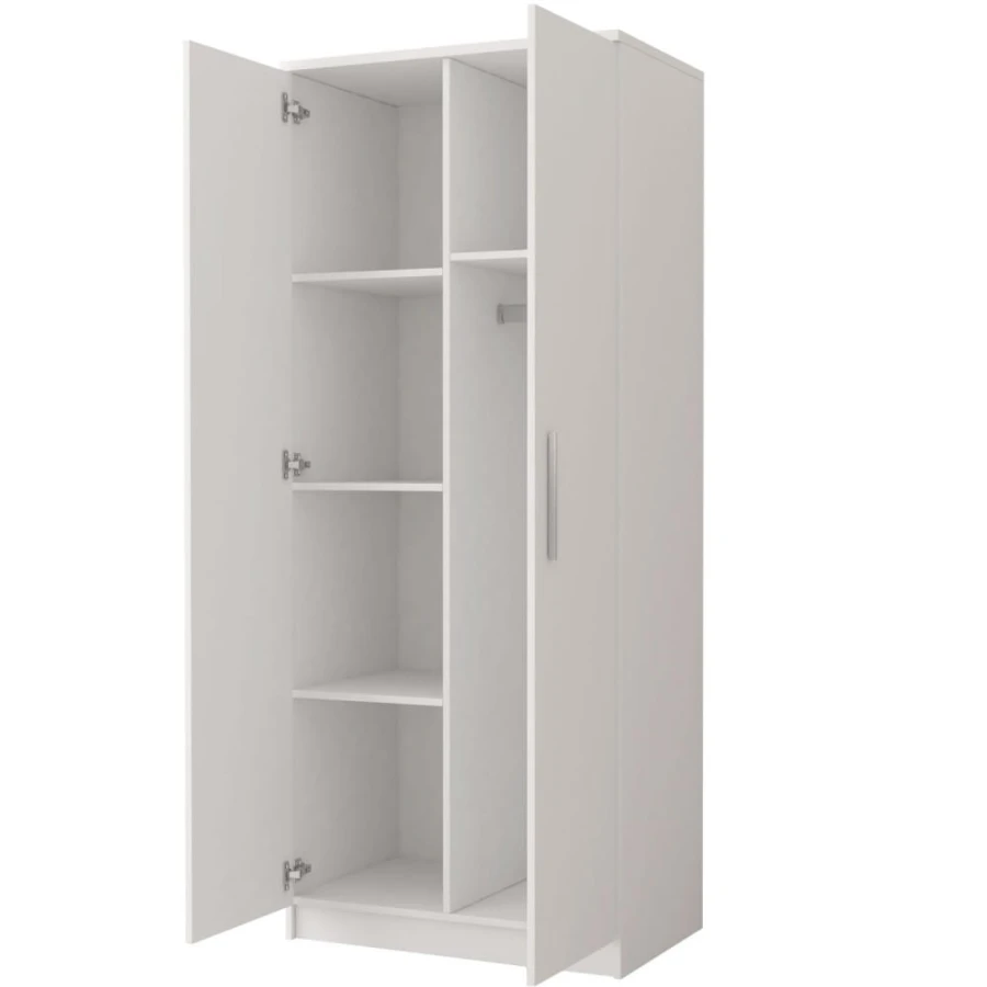 Binnenaanzicht van een witte kast met vakken en geïntegreerde kledingroede.