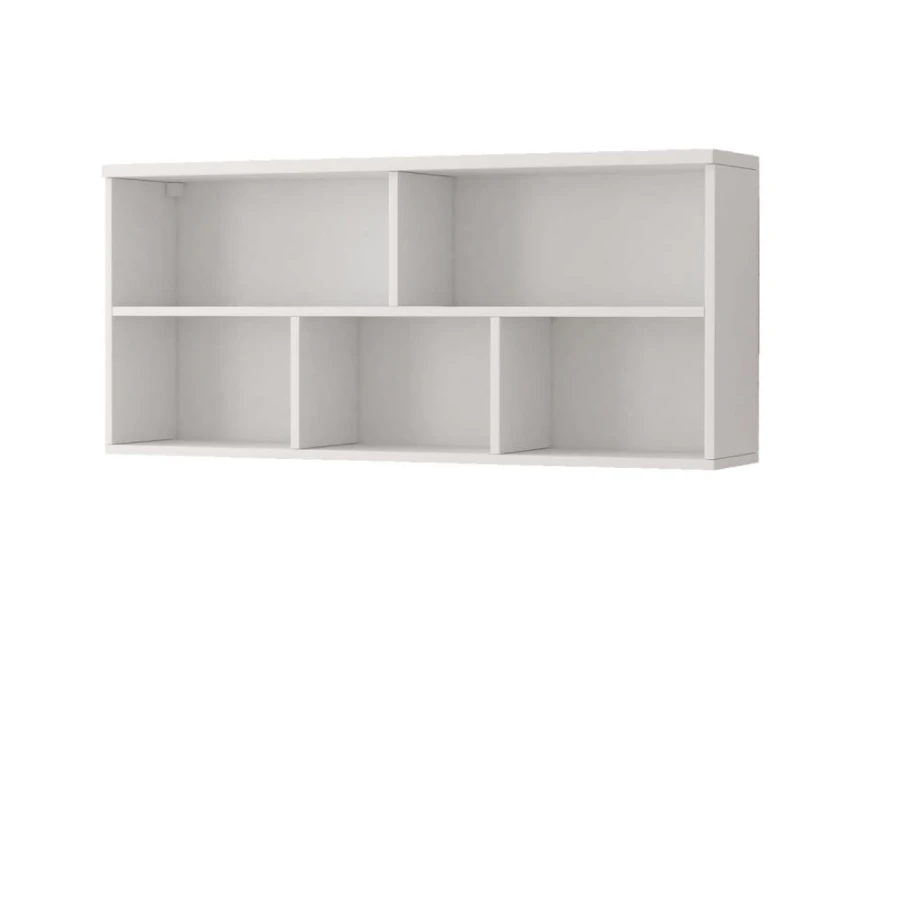 Minimalistisches weißes Wandregal mit mehreren Fächern für Bücher und Deko