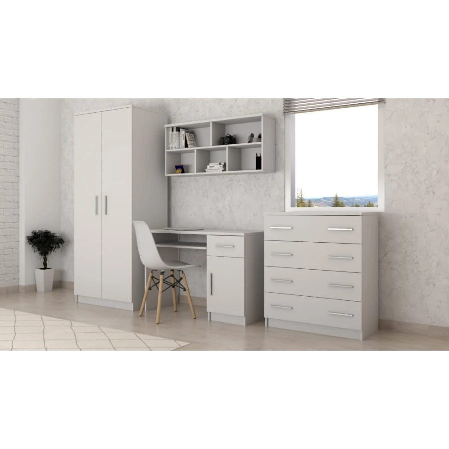 Modernes Arbeitszimmer-Set in Weiß mit Schreibtisch, Kleiderschrank, Wandregal und Kommode.