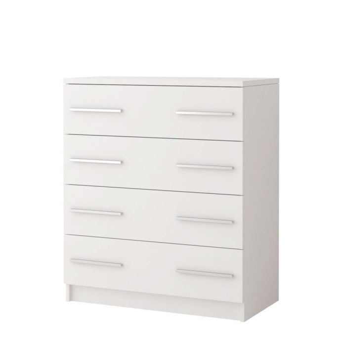 Moderne weiße Kommode mit 4 breiten Schubladen und silbernen Metallgriffen.