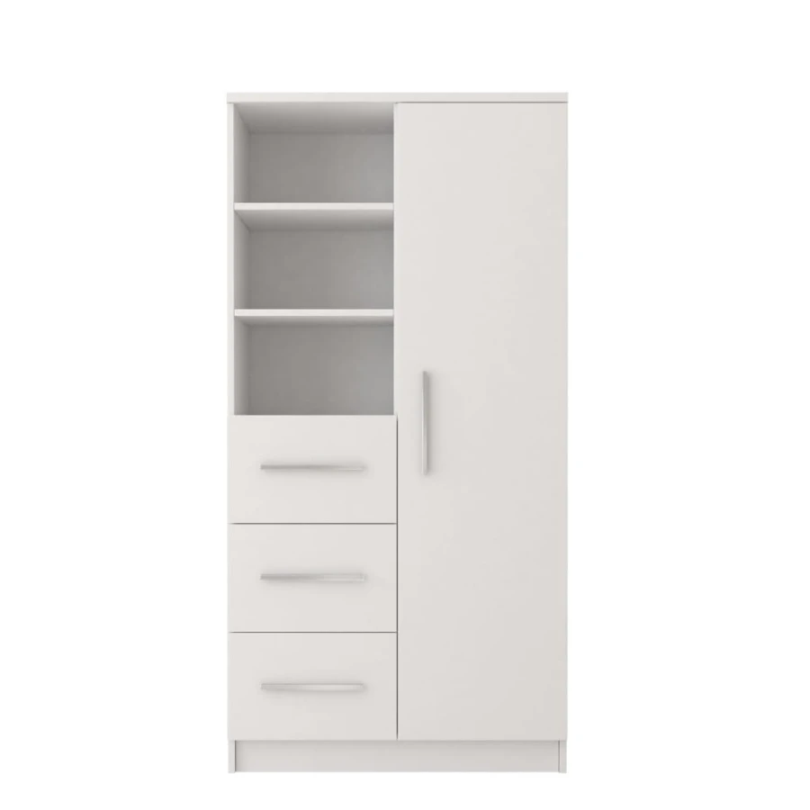 White multi-purpose cupboard with door, three open shelf compartments and three drawers for optimal storage space.