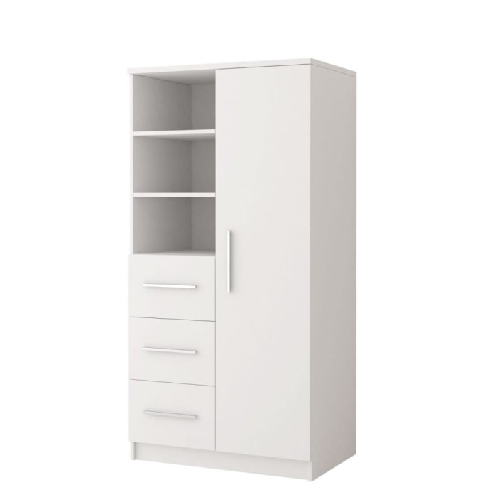 Weißer Kombischrank mit Regalfächern und Schubladen in moderner Optik, ideal für Büro oder Schlafzimmer.