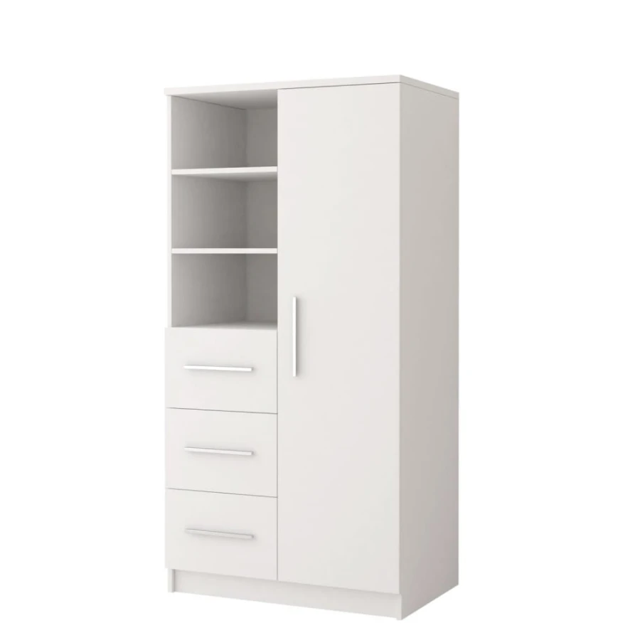 White combination cupboard with shelf compartments and drawers in a modern look, ideal for office or bedroom.