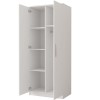 Weißer Kleiderschrank mit offenen Türen, Einlegeböden und Kleiderstange zur Aufbewahrung.