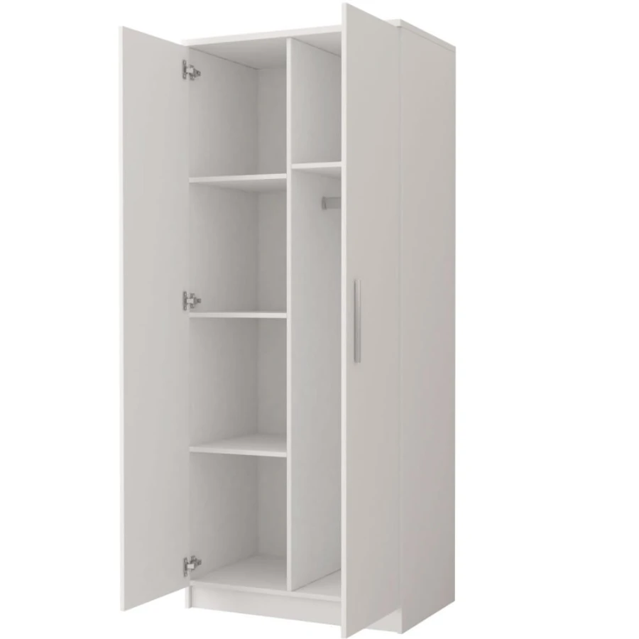 Witte kledingkast met open deuren, legplanken en kledingroede voor het opbergen.